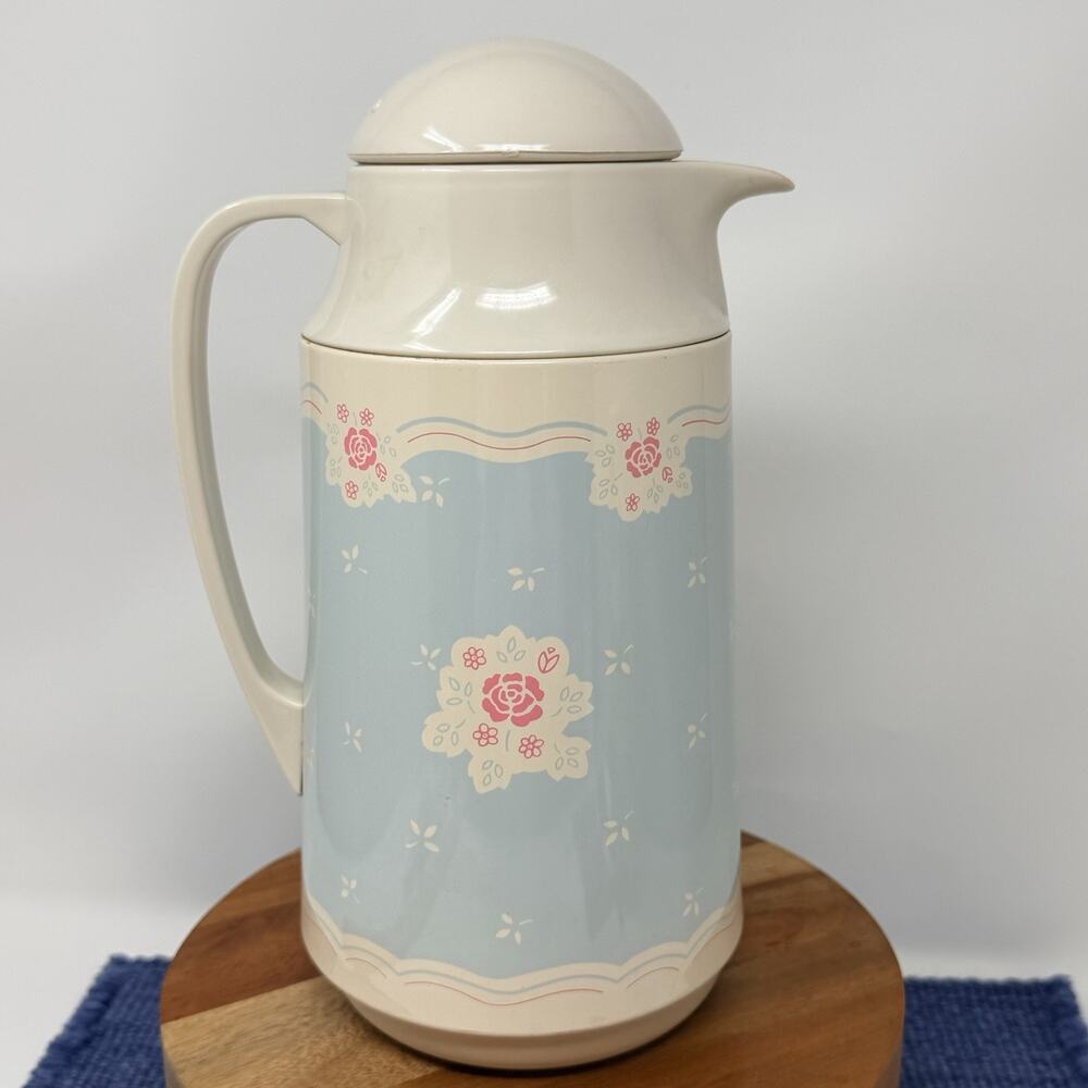 Thermos Insulated Floral Coffee Carafe Light Blue Cream Pink Twist Lid
